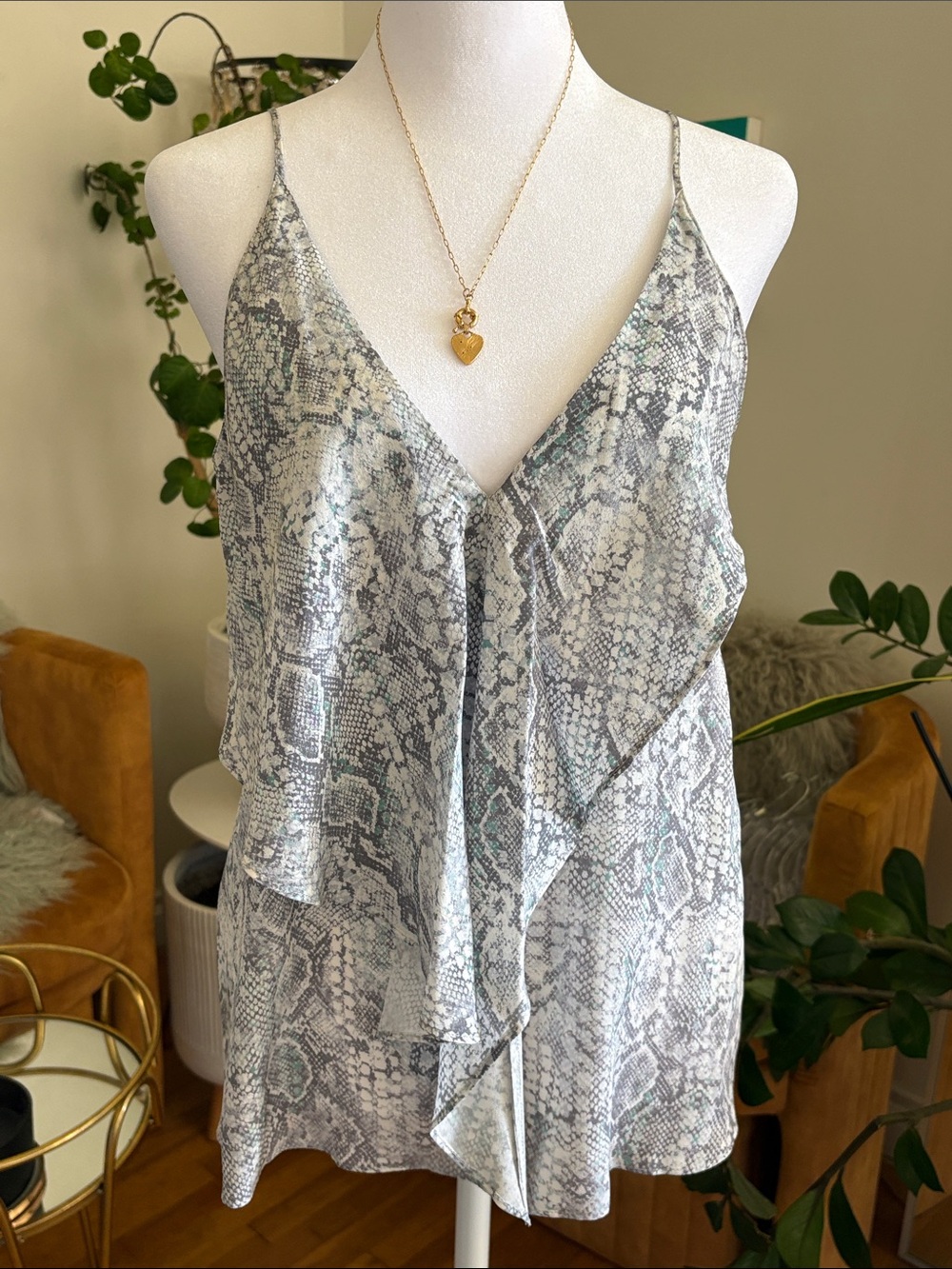 Rory Beca Gray & White Snake-Print Draped V-Neck Cami
